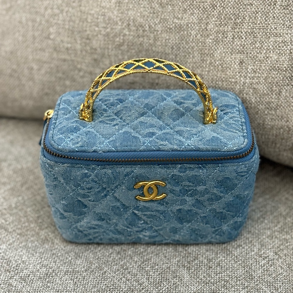 Denim Quilted Bag with Gold Accents